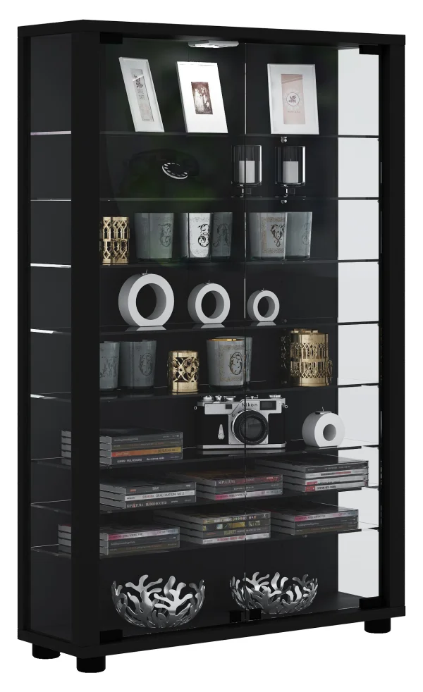 Lumo Mini Vitrinenschrank mit LED-Licht 8 Glasböden schwarz.