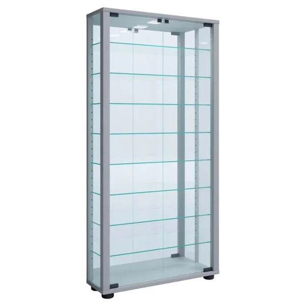 LumoMaxi Vitrinenschrank mit Spiegel 2 Glastüren Inkl. LED-Leuchten silberfarben.