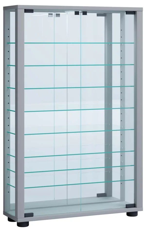 LumoMini Vitrinenschrank mit Spiegel 2 Glastüren silberfarben.