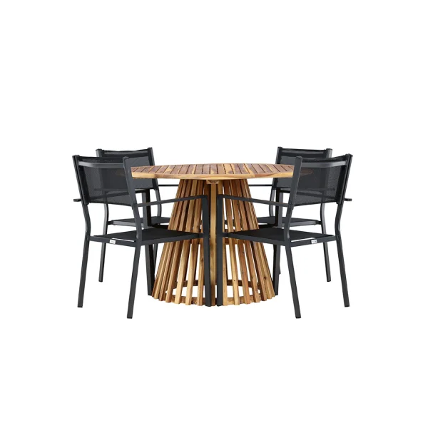 Lumpur Gartenset Tisch Ø120cm natur, 4 Stühle schwarz.