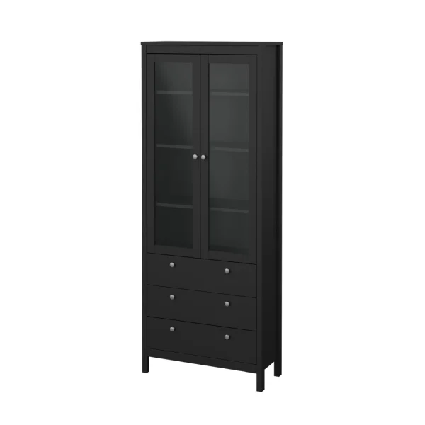 Madrid Vitrinenschrank 2 Glastüren 3 Schubladen schwarz matt.