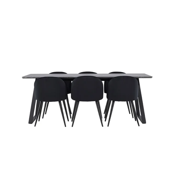 Malaga Essgruppe Esstisch 90x200cm dunkel grau und 6 Skagen Stuhl velour schwarz.