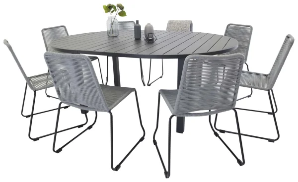 Marbella Gartenset Tisch Ø140/190cm schwarz, 8 Stühle Lindos grau.