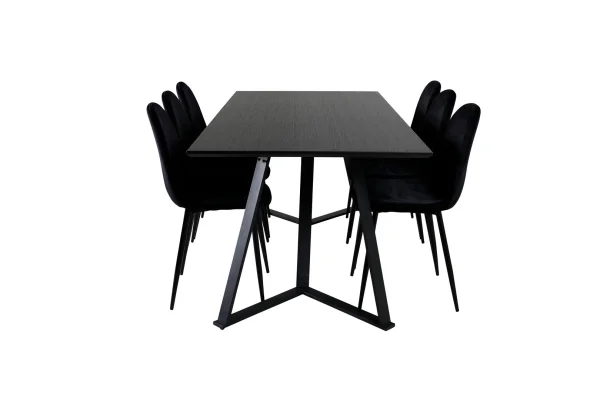 MarinaBLBL Essgruppe Esstisch schwarz und 6 Polar Esszimmerstühle Velour schwarz.