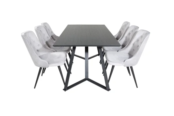 MarinaBLBL Essgruppe Esstisch schwarz und 6 Velvet Deluxe Esszimmerstühle Velour hellgrau.