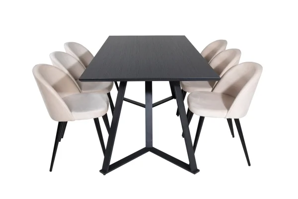 MarinaBLBL Essgruppe Esstisch schwarz und 6 Velvet Esszimmerstühle Velour beige, schwarz.