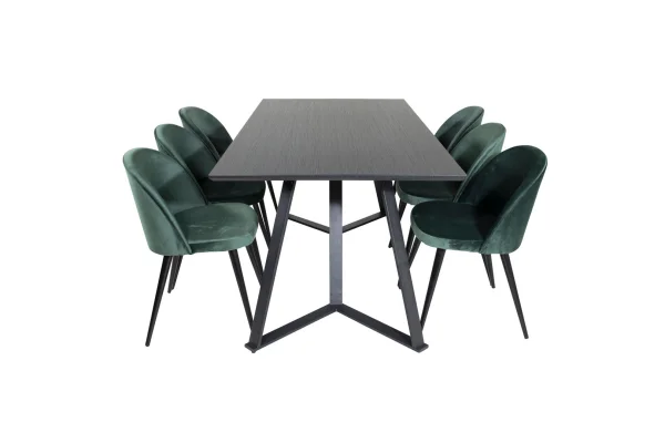 MarinaBLBL Essgruppe Esstisch schwarz und 6 Velvet Esszimmerstühle Velour grün, schwarz.