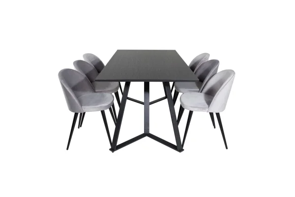 MarinaBLBL Essgruppe Esstisch schwarz und 6 Velvet Esszimmerstühle Velour hellgrau.