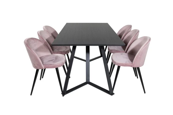 MarinaBLBL Essgruppe Esstisch schwarz und 6 Velvet Esszimmerstühle Velour pink, schwarz.