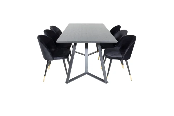 MarinaBLBL Essgruppe Esstisch schwarz und 6 Velvet Esszimmerstühle Velour schwarz, Messing dekor.