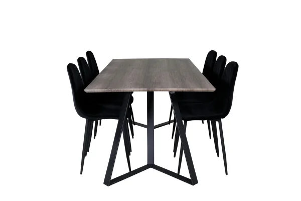 MarinaGRBL Essgruppe Esstisch El Holz dekor grau und 6 Polar Diamond Esszimmerstühle Velour schwarz.