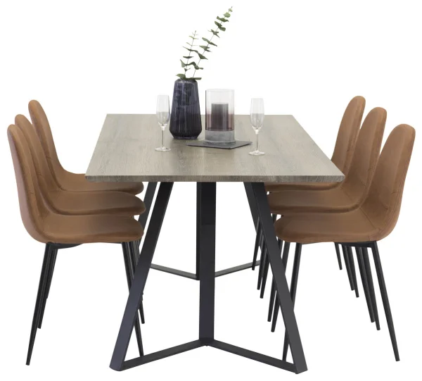 MarinaGRBL Essgruppe Esstisch El Holz dekor grau und 6 Polar Esszimmerstühle PU Kunstleder braun.