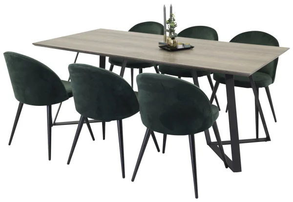 MarinaGRBL Essgruppe Esstisch El Holz dekor grau und 6 Velvet Esszimmerstühle Velour grün, schwarz.