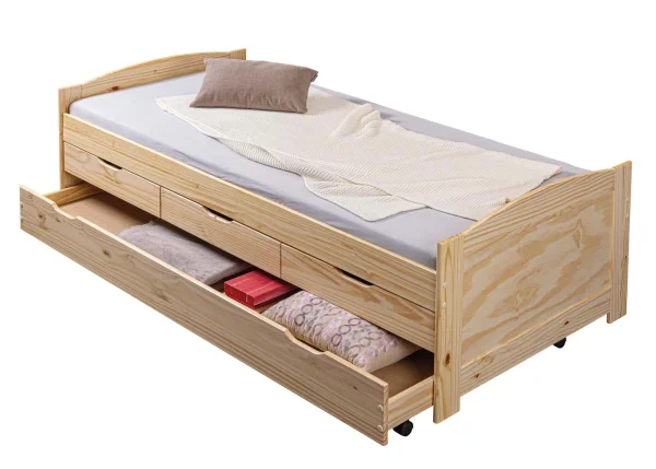 Marinella Einzelbett 90x200 Bett mit Lattenrost, 3 kleinen und 1 grosse Schublade/Gästebett, natur.