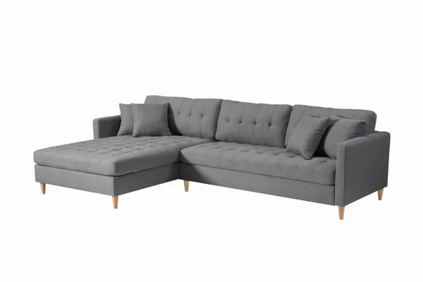 Marino Deluxe Chaiselongsofa rechts oder links gewendet mit Kissen Stoff grau.