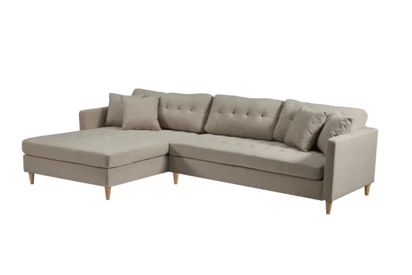 Marino Deluxe Chaiselongsofa rechts oder links gewendet mit Kissen Stoff sandfarben.