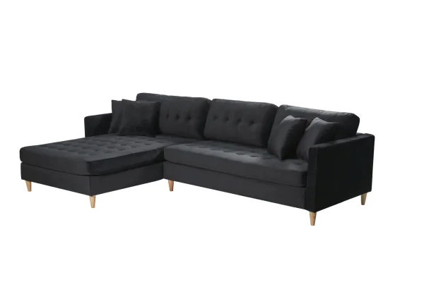 Marino Deluxe Chaiselongsofa rechts oder links gewendet mit Kissen Velour schwarz.