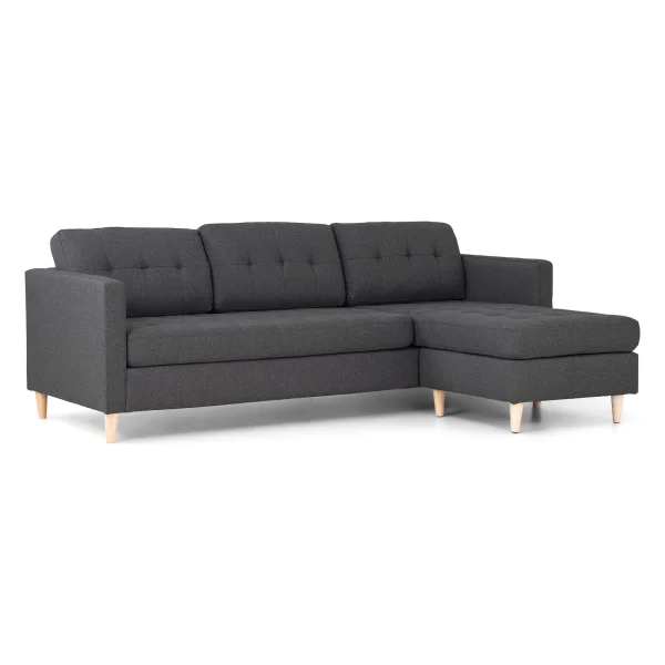 Marino Sofa, Chaiselongsofa rechts oder links gewendet in dunkelgrauen Stoff mit Holzbeinen.