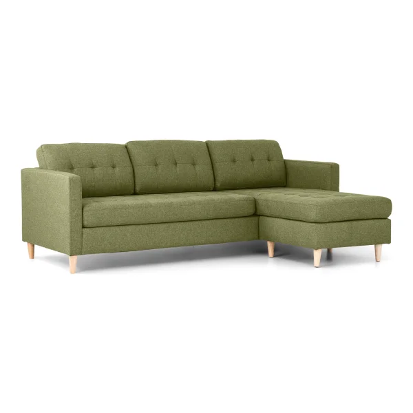 Marino Sofa, Chaiselongsofa rechts oder links gewendet in grün Stoff mit Holzbeinen.