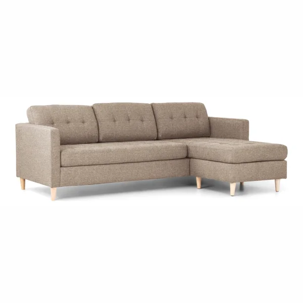 Marino Sofa, Chaiselongsofa rechts oder links gewendet in hellbraun Stoff mit Holzbeinen.