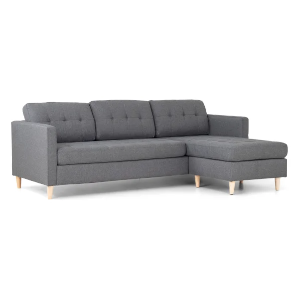 Marino Sofa, Chaiselongsofa rechts oder links gewendet in hellgrauen Stoff mit Holzbeinen.
