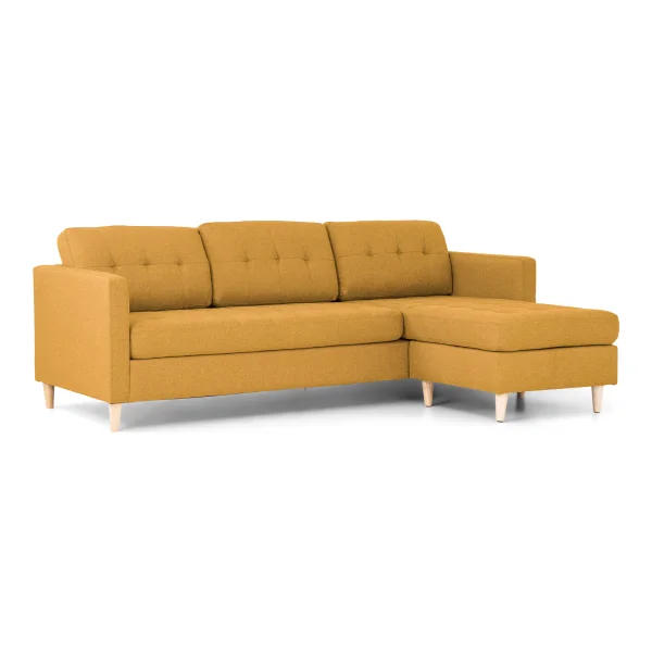 Marino Sofa, Chaiselongsofa rechts oder links gewendet in Stoff currygelb mit Holzbeinen.