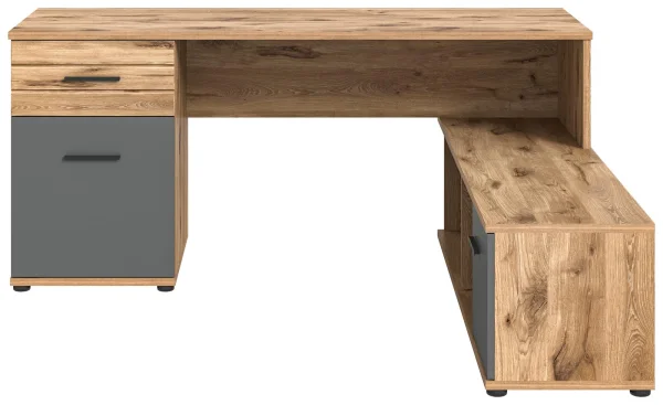 Mason Schreibtisch Ecke 2 Türen, 1 Schublade, 2 Ablagen grau,Eiche dekor.