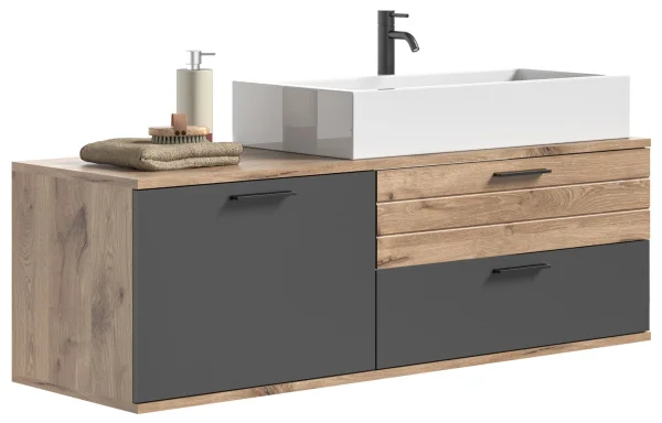 Mason Waschbeckenunterschrank 140cm 1 Tür, 2 Schubladen grau,Eiche dekor.