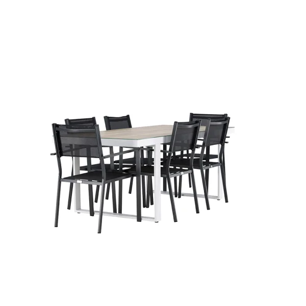 Merlo Gartenset Tisch 90x200cm weiß, 6 Stühle schwarz.