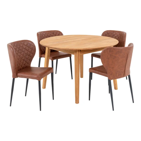 Metz Essgruppe Esstisch Ø118cm natur und 4 Pisa Stuhl braun.