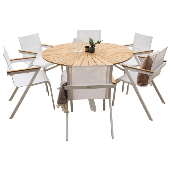 Mexico Gartenset Tisch Ø140cm natur, 6 Stühle weiß.