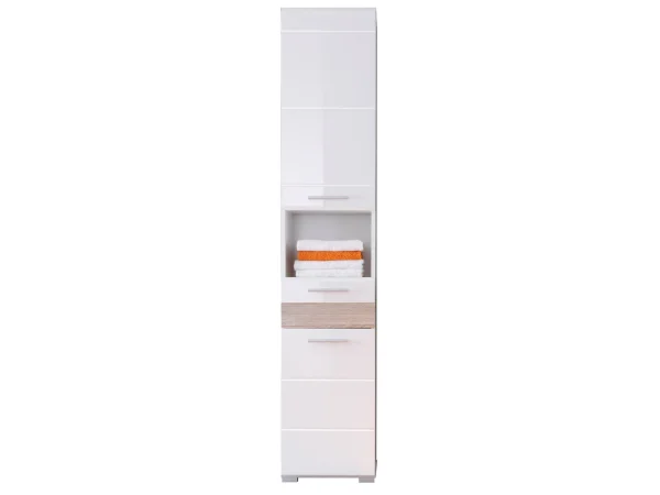 MezzoBad Badschrank hoch 2 Türen, 1 Schublade, 1 offenes Fach weiß, weiß Hochglanz, Eiche Dekor.