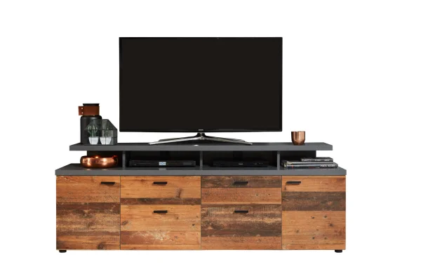 Mood TV Möbel 2 Türen, 2 Schubladen, 4 Offene Fächer, 2 Klappen Eiche Dekor, Old Wood Dekor.