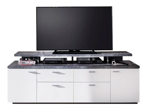 Mood TV Möbel 2 Türen, 2 Schubladen, 4 Offene Fächer, 2 Klappen weiß, Stone dekor.
