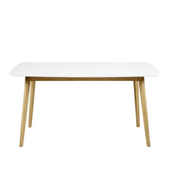 Naila Esszimmertisch 80 x 150 mit weißer Holztischplatte und einem Gestell in massiver Eiche.