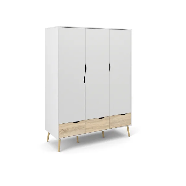 Napoli Kleiderschrank mit 3 Türen und 3 Schubladen weiss/ Eichestruktur/ massiv Eiche.