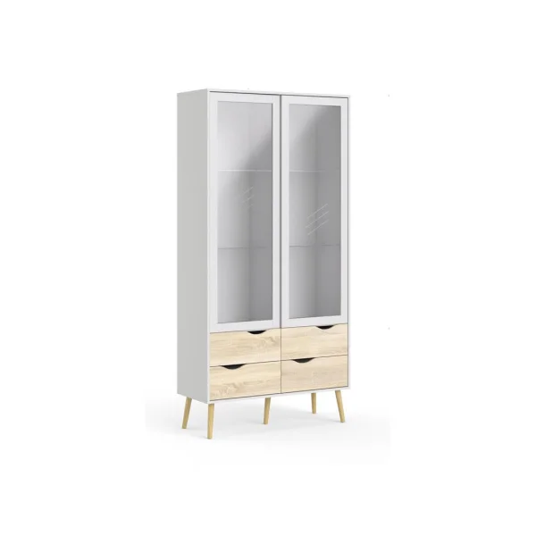 Napoli Vitrine mit 2 Türen und 4 Schubladen weiss/ Eiche Dekor/ massiv Eiche.