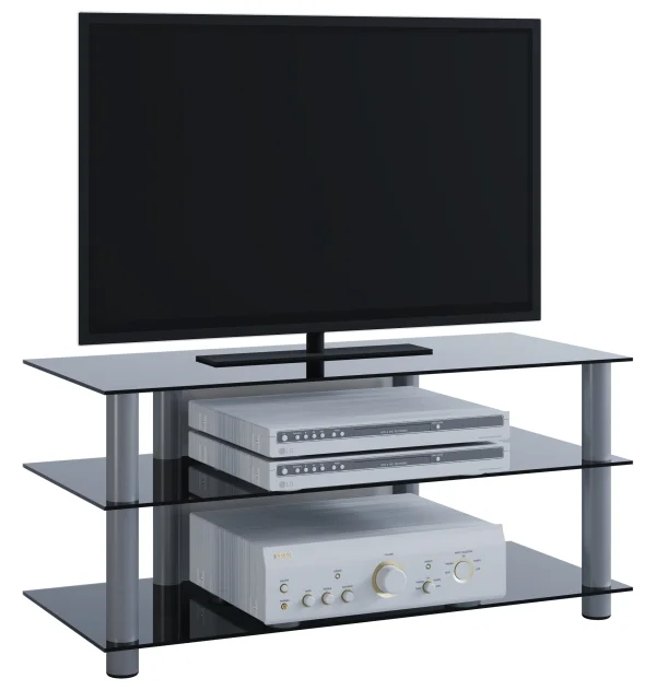 Netasa TV-Möbel mit 3 Glasböden Silberfarbig, Schwarzglas.