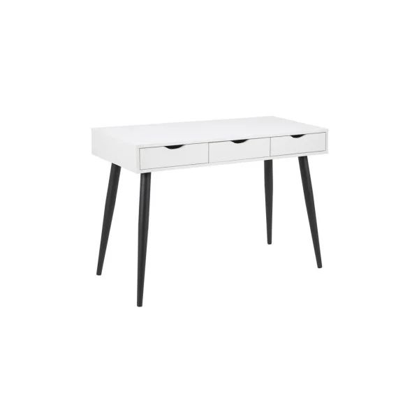 Nete Schreibtisch mit 3 Schubladen in weiss und schwarzen Metallbeinen.