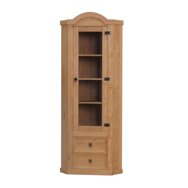 New Mexico Eckschrank mit 1 Glastür und 2 Schubladen, gelaugt und gewachst.