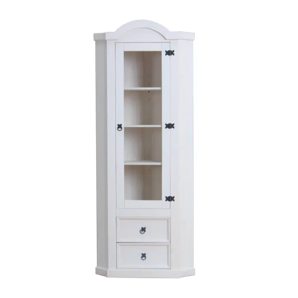 New Mexico Eckschrank mit 1 Glastür und 2 Schubladen, weiß gewachst.