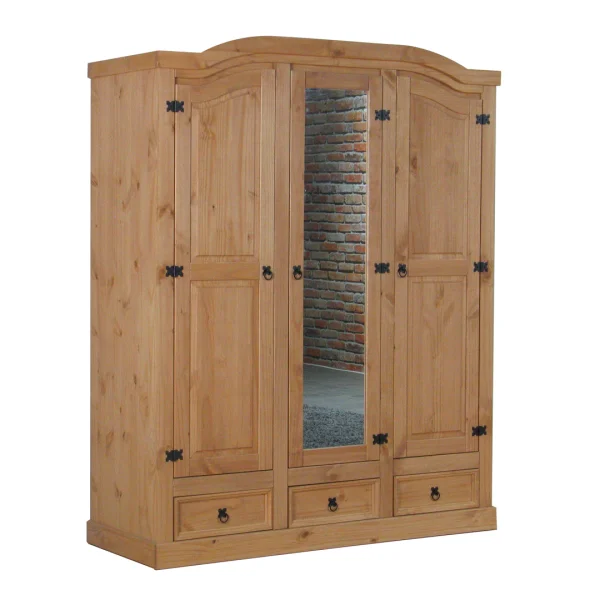 New Mexico Kleiderschrank 3 türig mit einer Spiegeltür, 2 getäfelten Türen und 3 Schubladen gelaugt, gewachst.
