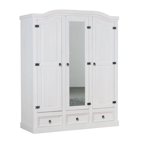 New Mexico Kleiderschrank 3 türig mit einer Spiegeltür, 2 getäfelten Türen und 3 Schubladen in weiß, gewachst.