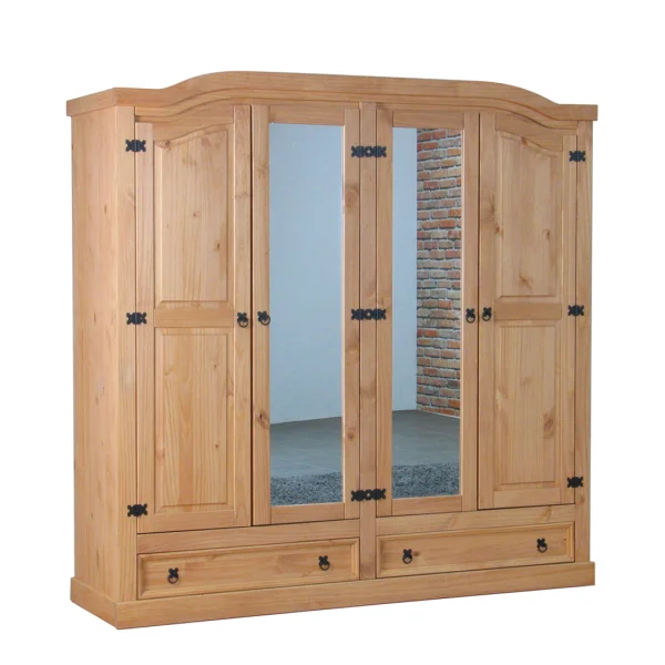 New Mexico Kleiderschrank 4-türig mit 2 Spiegeltüren, 2 Füllungstüren und 2 Schubladen, Breite 194 cm, Höhe 193 cm, natur/gewachst.