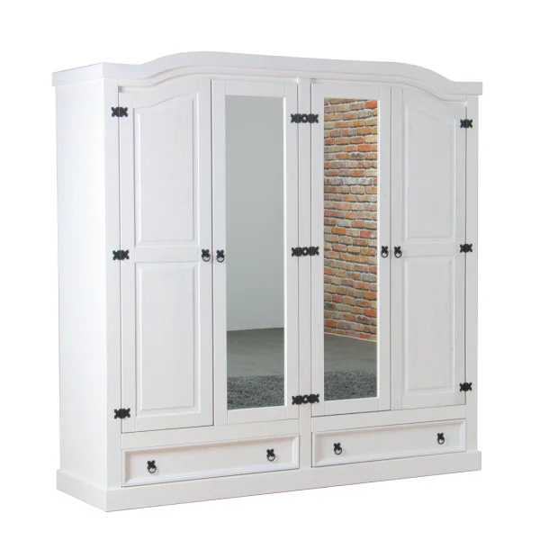 New Mexico Kleiderschrank 4-türig mit 2 Spiegeltüren, 2 Füllungstüren und 2 Schubladen, Breite 194 cm, Höhe 193 cm, weiss/gewachst.