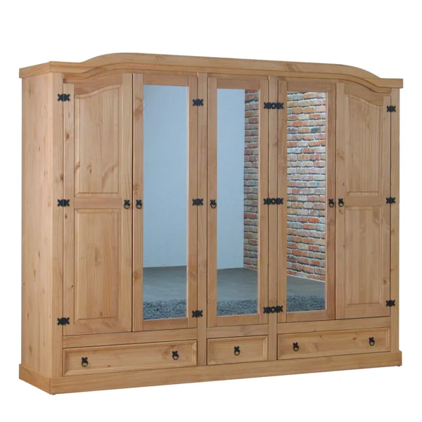 New Mexico Kleiderschrank 5 türig mit 3 Spiegeltüren, 2 getäfelten Türen und 3 Schubladen, gelaugt, gewachst.