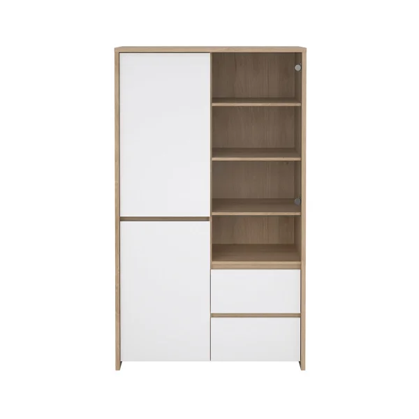 Next Vitrinenschrank 3 Türen, 2 Schubladen, 1 Ablage Eichen-Dekor, weiß hochglanz.