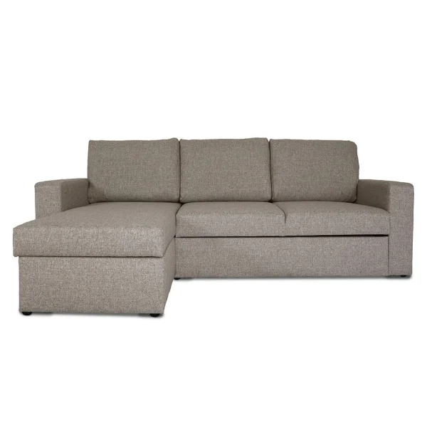 Odin Schlafsofa, Ecksofa mit Aufbewahrung rechts oder links gewendet grau sandfarben.