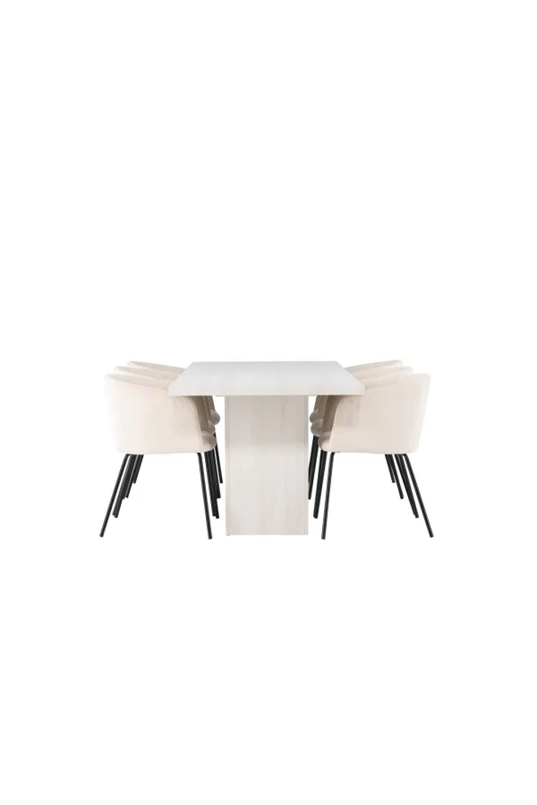 Olga Essgruppe Tisch weiß und 6 berit Stühle beige.
