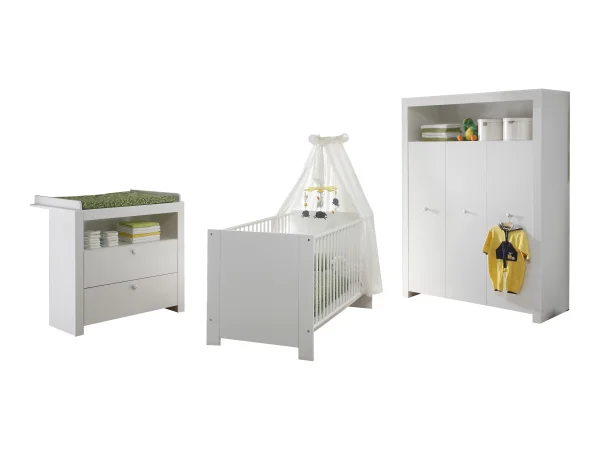 Olja Kindermöbelset, Kinderbett, Wickelkommode und 3-türiger Schrank, weiss.